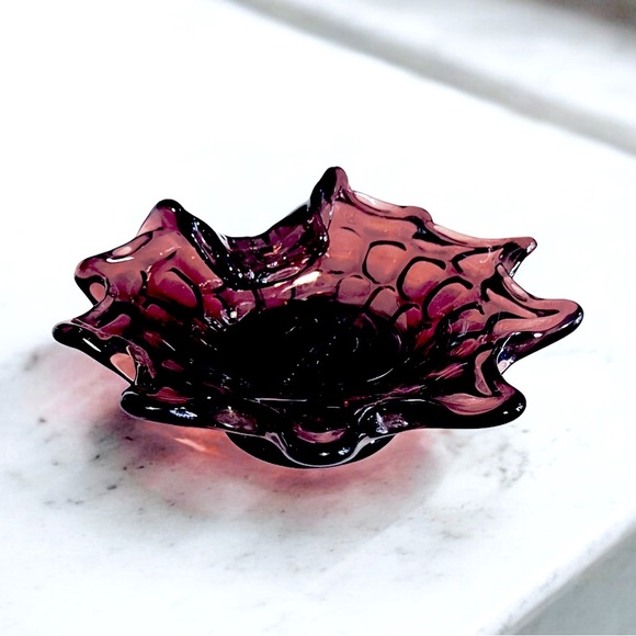 Vintage Amethyst Thumbprint Biomorphic Rolled Edge Art Glass Candy Dish - Picture 4 of 5